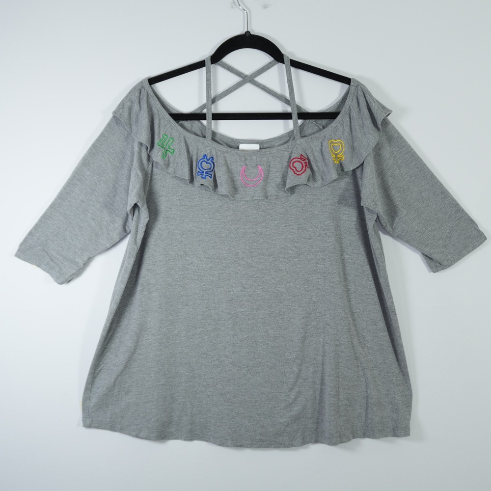 Sailor Moon Torrid Gray Ruffle Top Moon Embroidered Criss Cross Back Large